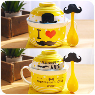 日式创意卡通泡面碗方便面泡面杯餐具套装可爱汤碗陶瓷碗大号带盖