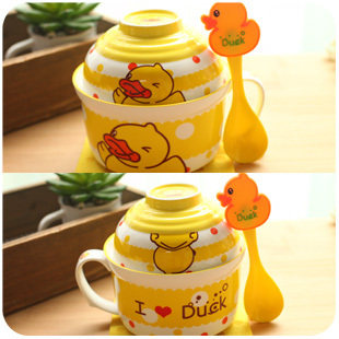 日式创意卡通泡面碗方便面泡面杯餐具套装可爱汤碗陶瓷碗大号带盖