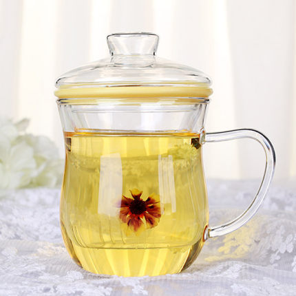 物生物泡茶杯 耐热玻璃杯创意柠檬花茶杯子 带盖办公过滤透明水杯