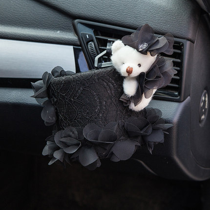 美美熊  可爱蕾丝汽车出风口置物筒 车载置物桶 手机袋收纳桶挂袋