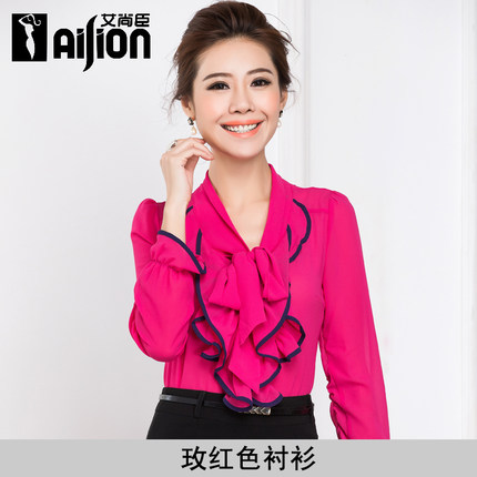 Ай Shangchen весной 2015 весной лук воланами шифона блузки желтой рубашке