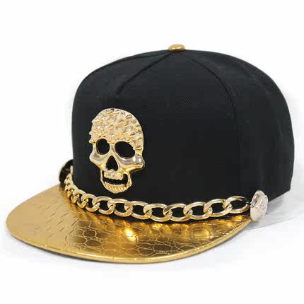 择信欧美朋克风金色皮帽檐带链条骷髅头铆钉嘻哈棒球帽街舞平沿帽