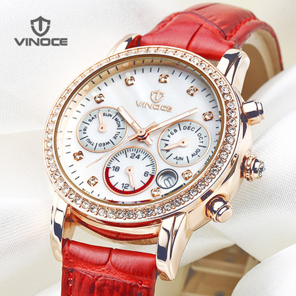 威诺时手表 v6253G 潮流奥钻石英真皮带女士手表 韩版时尚女表