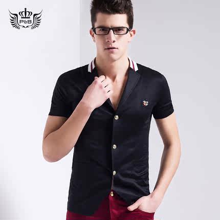标题优化:宝利博纳2015夏装新款针织开衫 男士纯色修身短袖T恤 V领 潮