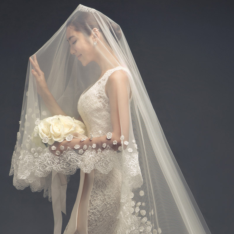 菲凡新娘 蕾丝新款婚纱头纱超长3米结婚韩式婚礼长款